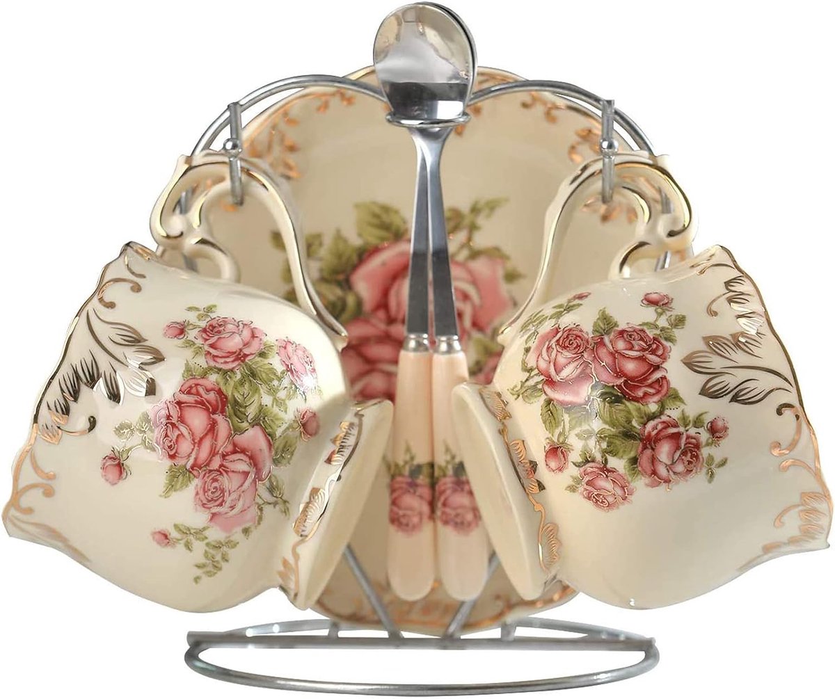 Kopjes en schoteltjes met lepels en kopjeshouder, vintage rozendesign, fijn porselein, voor thee, koffie, theekopjes, koffiekopjes, bloemmotief, voor 2 personen
