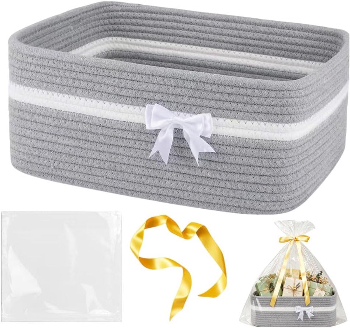 Geschenkmand leeg, groot, presentatiemand leeg, 34 x 25 x 15 cm, opbergmand met cadeauzakjes en linten, mand voor geschenken, gevlochten met handgrepen, decoratieve mand voor verjaardag