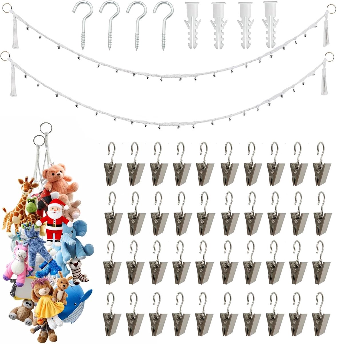 Opslag voor knuffeldieren, 2 stuks, 2 m, knuffeldier, opbergbox met 2 metalen haken, kunststof stiften en 40 clips, hangende knuffeldierenhouder, pluche dier voor knuffeldieren, knuffelhoek