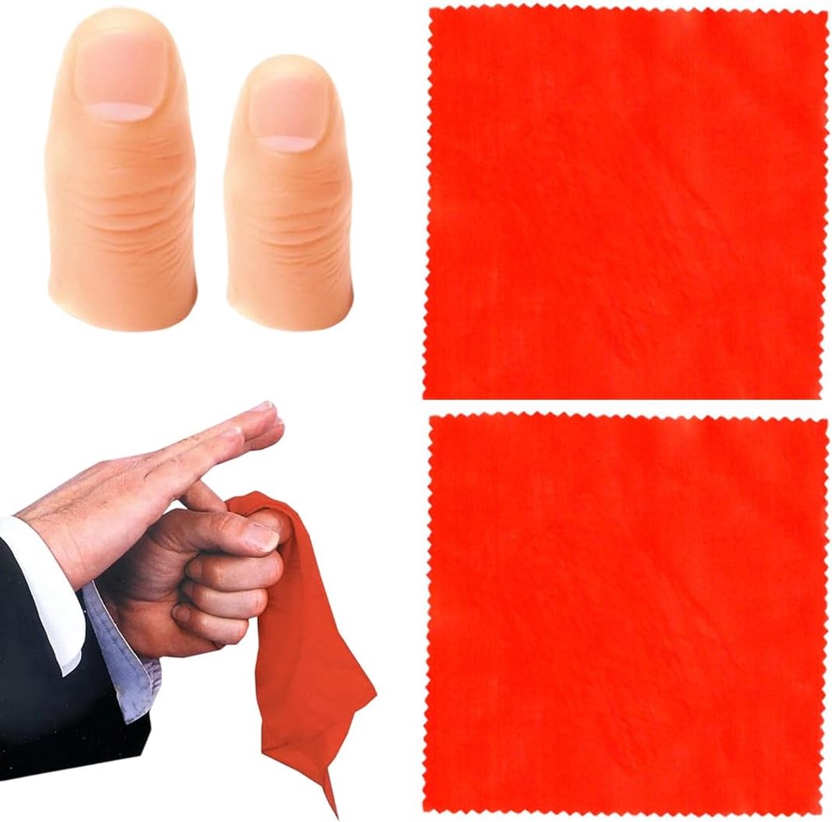 2 magische duimopzetstukken, tovertrucjes, toveraccessoires, en 2 rode zakdoeken, 1 groot en 1 klein, geschikt voor iedereen, voor het feest van toverartikelen