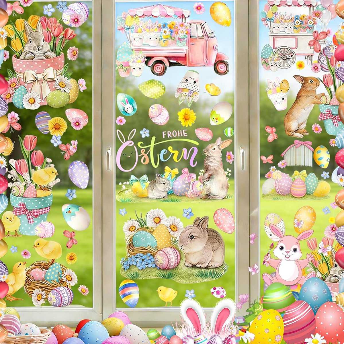 9 Vellen Lente Pasen Raamklampen, PVC Statische Stickers Paasdecoratie Raamstickers met Konijn Eieren Vlinder Bloemen, PVC Zelfklevend Vellen Paashaas Raamstickers voor Glazen Raamdeuren