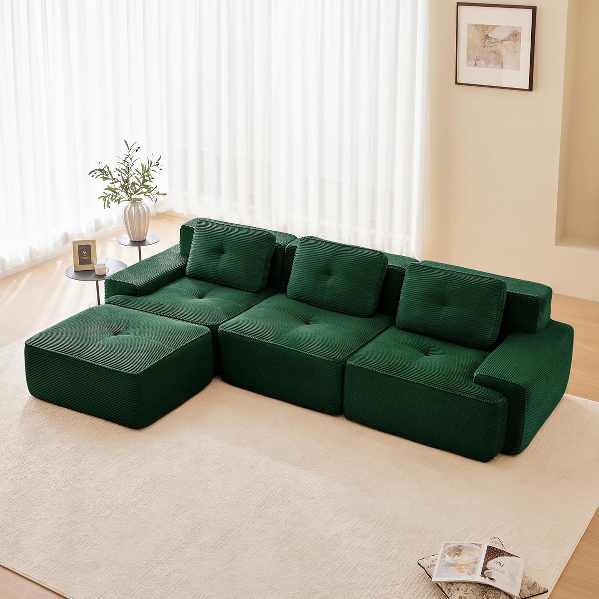 Modulaire bank, moderne bank voor woonkamer met 74 cm diepe zitting, corduroy bank, cloud-gestoffeerde bank, banken combineerbaar, voor woonkamer (groen, 3S + 1)