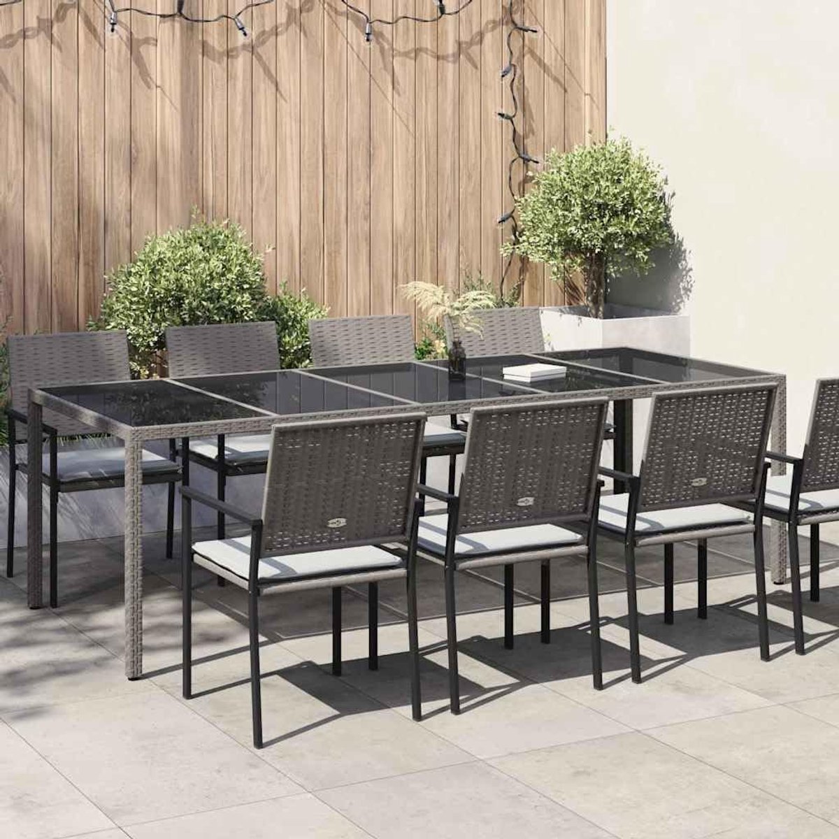 Grijs 250 x 100 x 75 cm Poly Rattan Eettafel Buiten, Weerbestendig Tuinmeubel met Stalen Frame, Strakke Bankettafel voor Tuin en Terras, Eetkamertafel voor 10 Personen