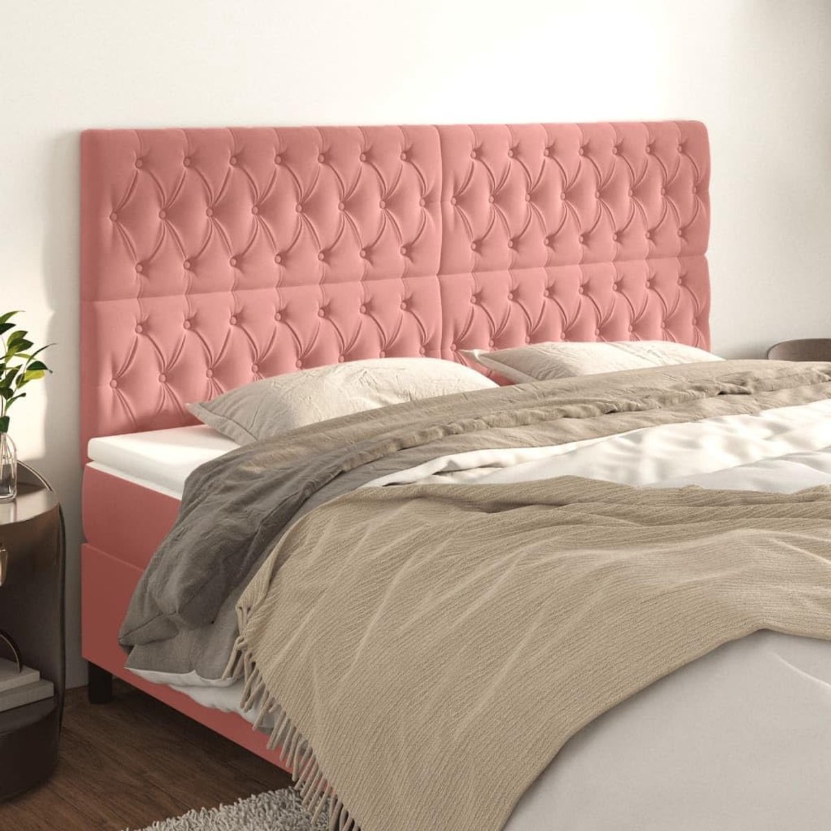 Hoofdeinde roze fluweel, 180 x 7 x 118 / 128 cm, in hoogte verstelbaar, houten poten, zacht velours, rugsteun, montage met instructies