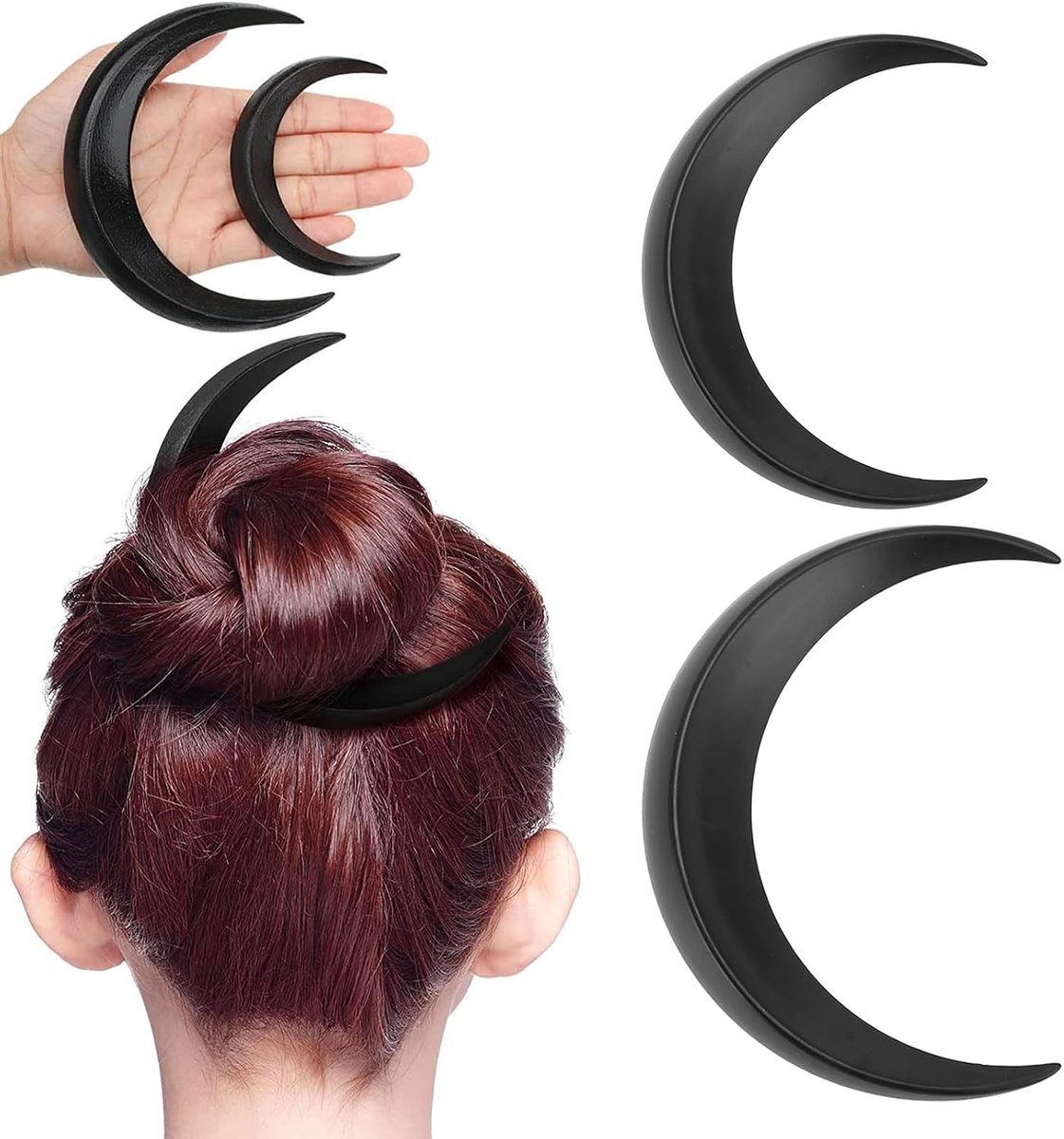 2 STKS Maan Haarvork, Haar Sticks Maan Haar Clip Sailor Crescent Moon Haaraccessoires Draagbare Maan Haarspeld Haar Styling Tool 2 Maten (zwart)