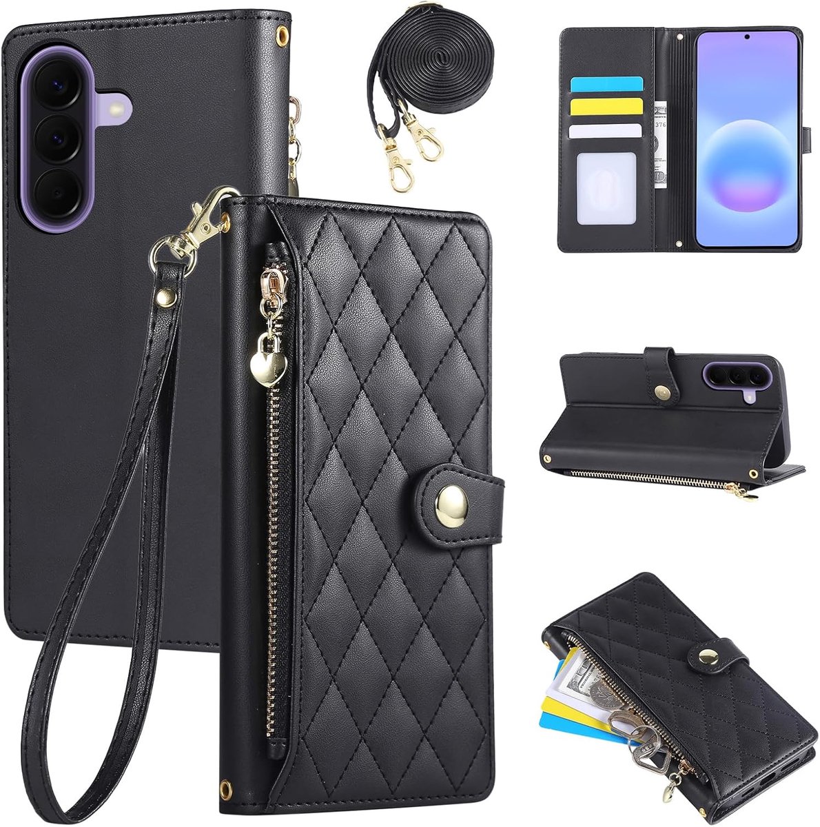 Hoes voor mobiele telefoon voor Samsung Galaxy A57 5G 2026 6,7 inch, telefoonhoes van PU-leer met ruitvormig borduurwerk, Galaxy A57 hoes met polsband en lange draagriem, zwart