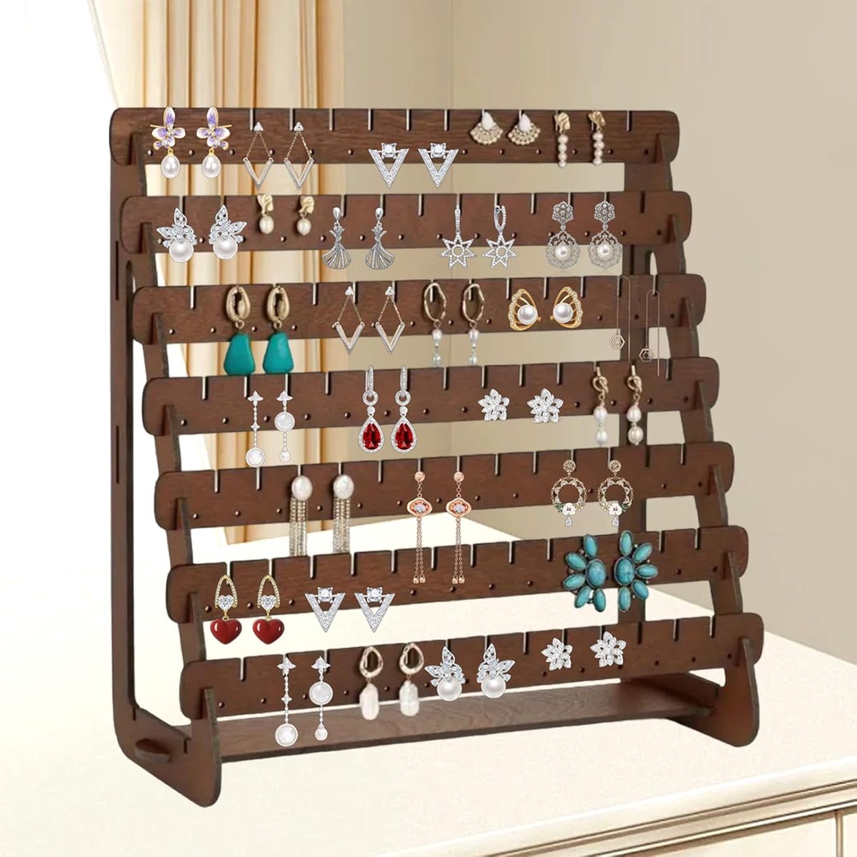 Sieradenstandaard voor oorbellen - Hout - Organisator voor tot 100 paar - Display voor dangle en hoop - Voor meisjes en vrouwen