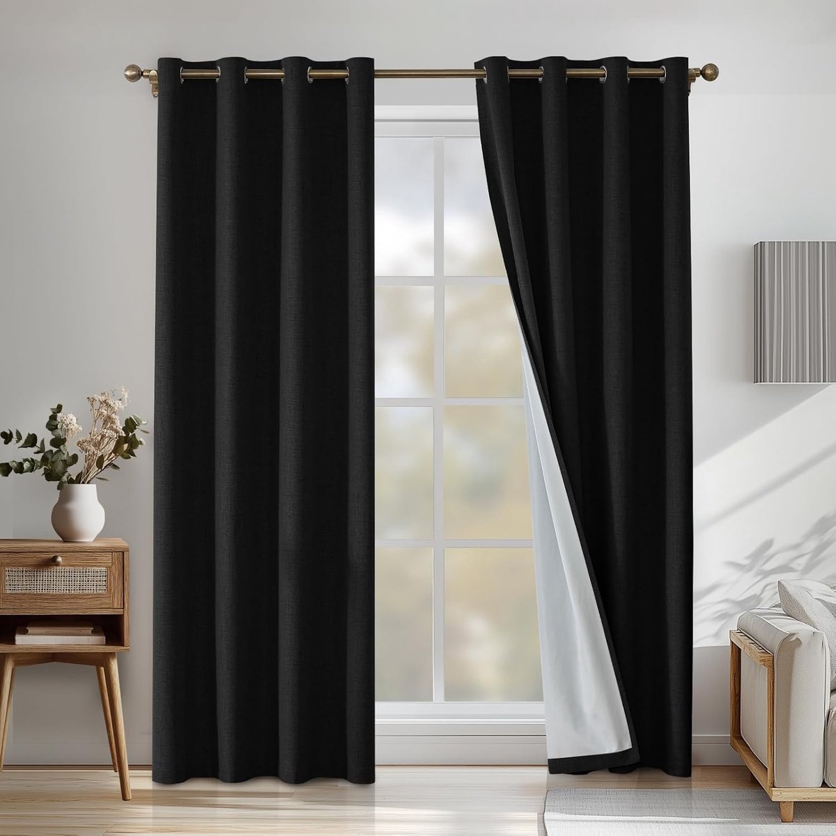 100% Verduisterend Linnen Effect Gordijnen Set Van 2, 140x160cm, Ondoorzichtig Warmte-Isolerende Thermische Gordijnen Met Ringen, Geluidsbescherming, Voor Slaapkamer Woonkamer, Zwart