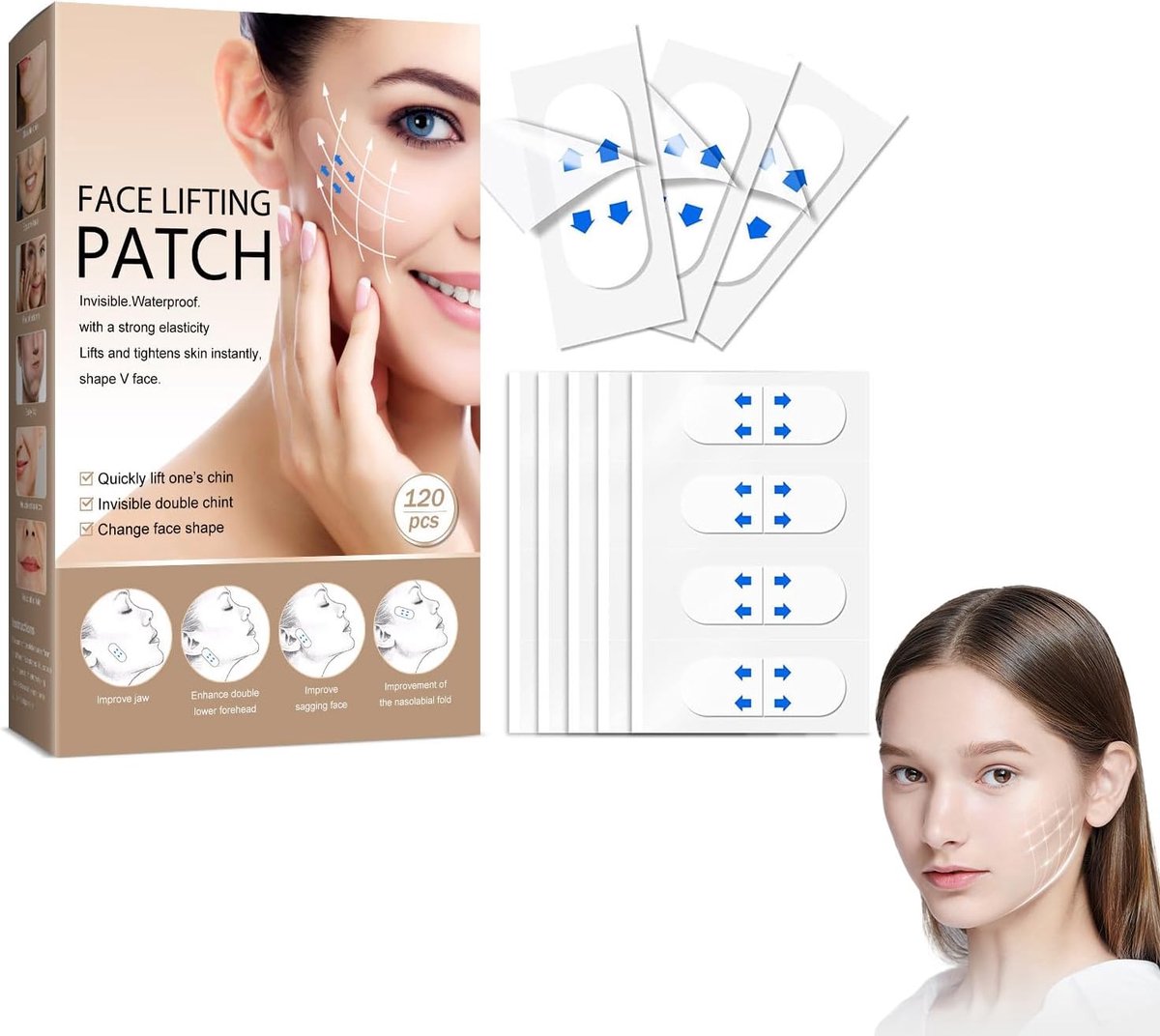 Gezichtstape, Gezichtsliftingstape, anti-aging, Magic Patch, Versteviging en Verstrakking, Verstrakking van de huid, Vermindering van Fijne lijntjes, Geschikt voor alle Huidtypes