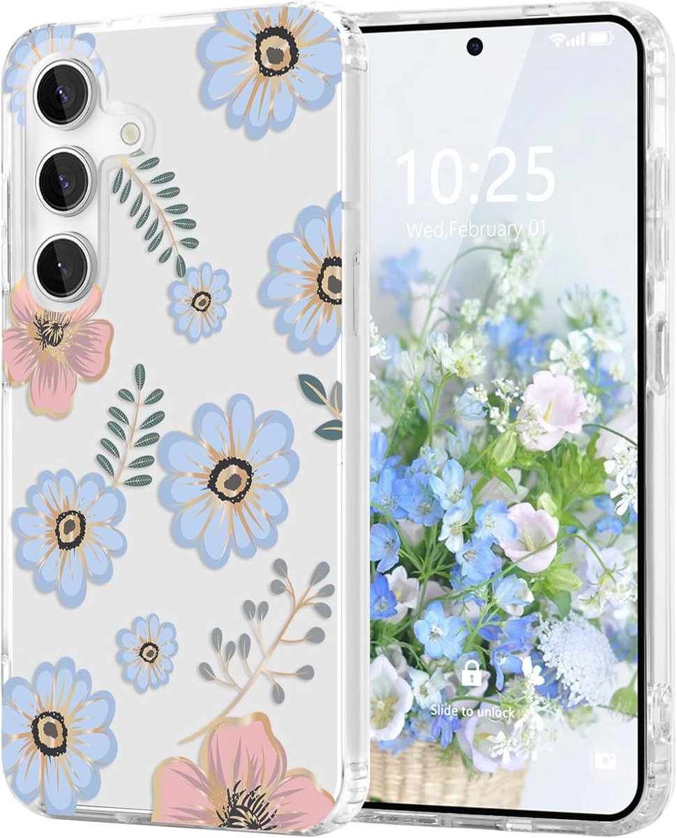 gebloemd hoesje voor Samsung Galaxy S25 Edge, heldere anti- vergeling telefoonhoes, schattig anti-kras bloemenpatroon, zachte TPU slanke beschermende hoes voor meisjes en vrouwen - Blauwe