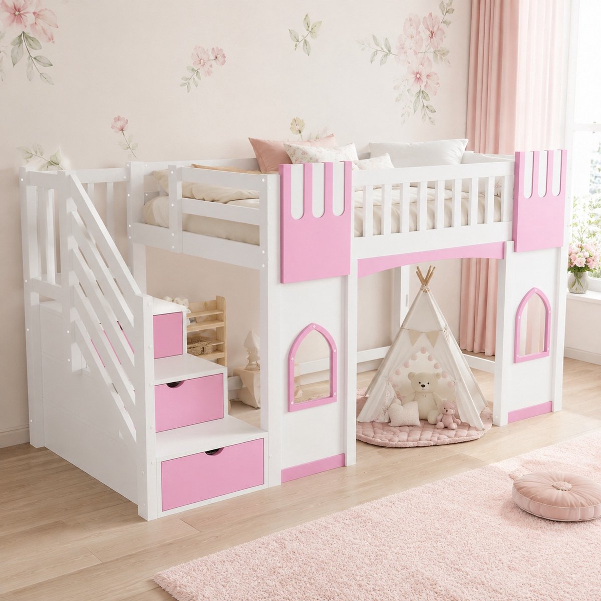 WUVRIE Hoogslaper 90x200 cm met opbergtrap, ramen en lattenbodem voor kinderkamer, wit/roze Wit en roze