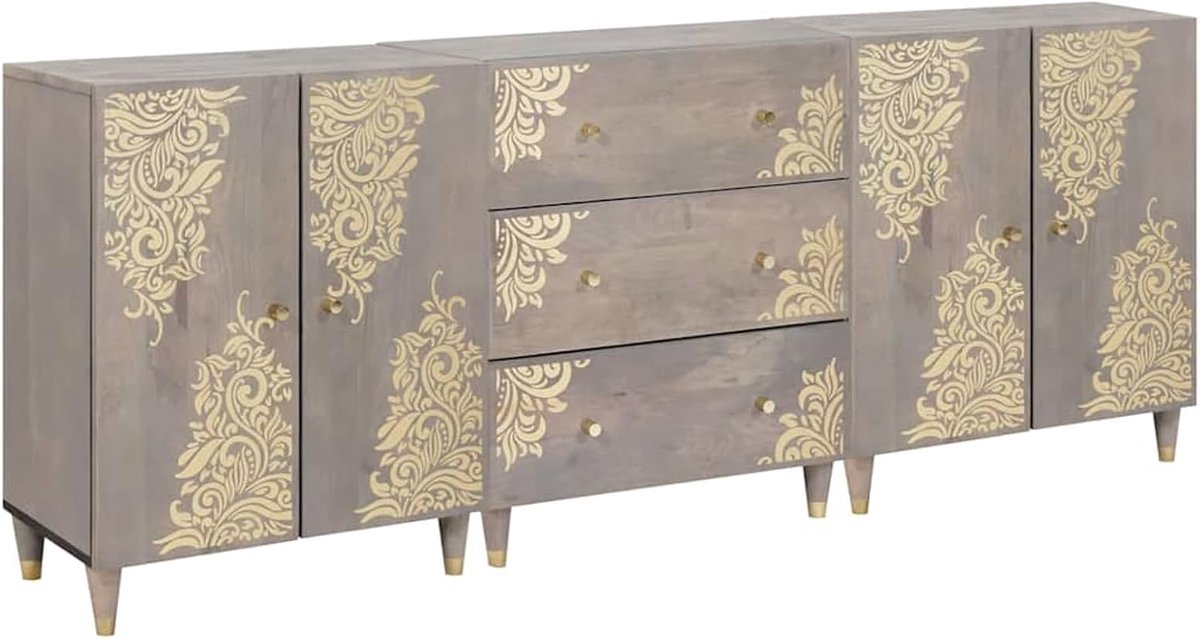 Badkamermeubelset Floral 3310152, 3 stuks, grijs en goud, 180 x 33 x 75 cm, complete spiegelkast, hoge kast, compleet programma voor moderne badkamer
