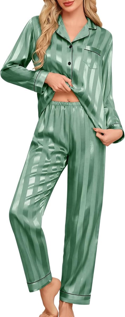 Pyjama voor dames, zijdeachtige gestreepte pyjama zachte loungewear met lange mouwen, tweedelige pyjamaset, button-down top en volledige lengte broek, bruidsmeisje, nachtkleding