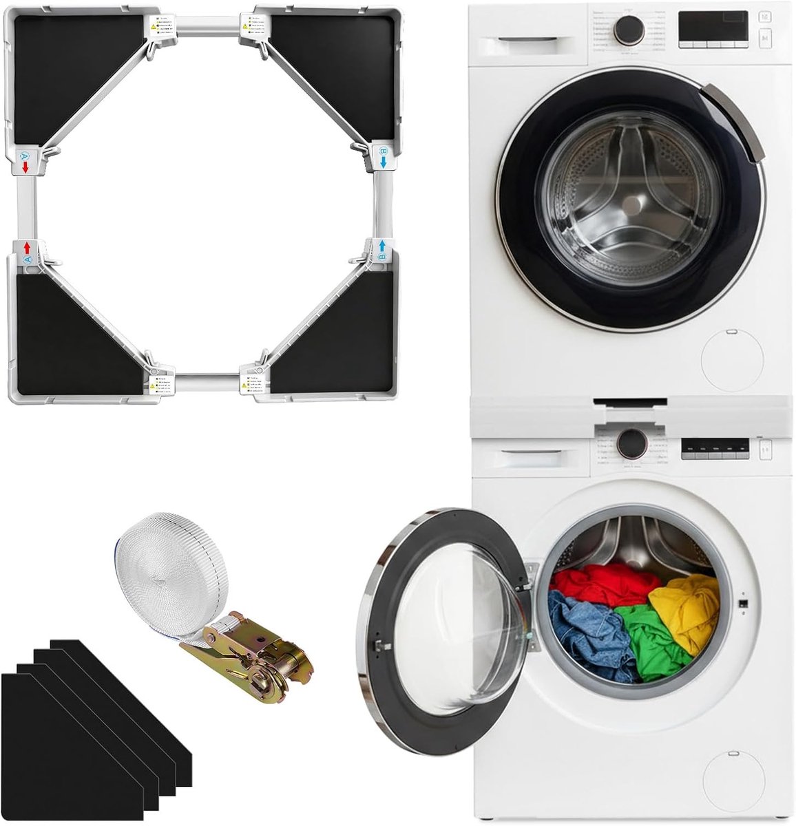 Set, wasmachines, stapelbouwset met wastoren, rateltouw, 45-70 cm, universele verbindingskramenset voor droger, kast en wasmachine