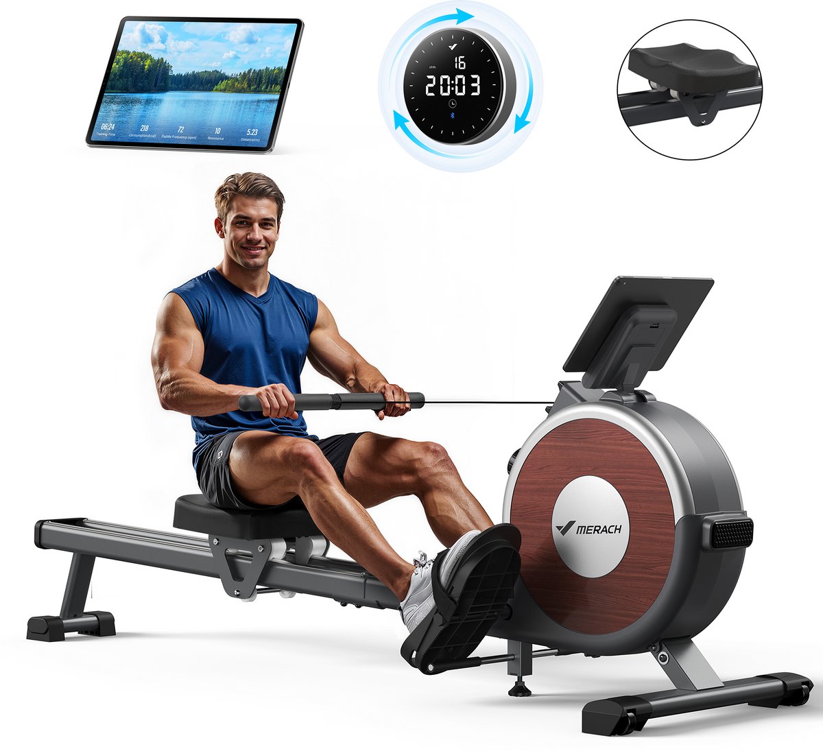 MERACH Stille magnetische roeitrainer voor thuis - Inklapbaar roeimachine - 16 weerstandsniveaus - Dubbele glijrails - Bluetooth met exclusieve app - Verstelbare tablet-houder - LCD-display - Ideaal voor cardio-training - Belastbaar tot 158 kg van MERACH