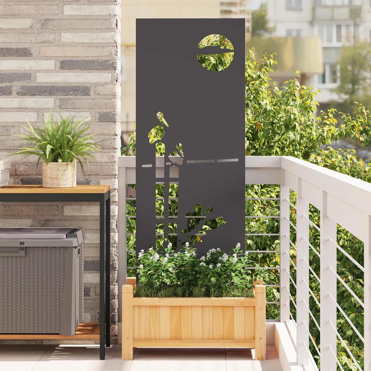 Inkijkbescherming tuin zwart, van koudgewalst staal met mat oppervlak en decoratieve inlays, 50 x 140 cm, voor terras en buiten om privacy te creëren