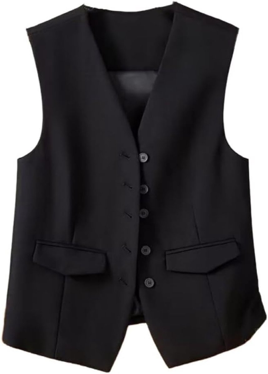 Vest Mouwloze Blazer, Elegant Slank Button-Down Werkkantoorvest Jas Retro Feestvest, V-Hals Economisch Chic Pakvest, Zwart, S