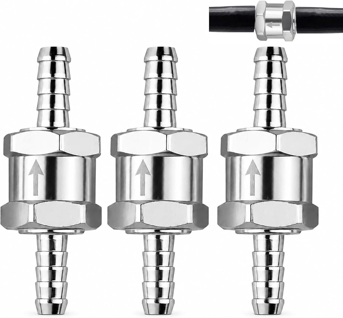 3 stuks terugslagklep voor brandstof, 8 mm, aluminium terugslagklep voor benzine, diesel, olie, water, brandstofleiding, wegwerpventiel voor auto, motorfiets, boten en vloeistofsystemen