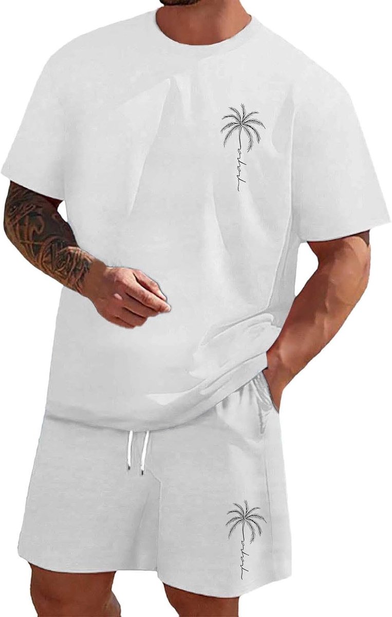 2-delige set voor heren, katoen, zomer, mode, Hawaïhemd en shorts, casual, comfortabel, ademend, voor strand, vakantie, A188