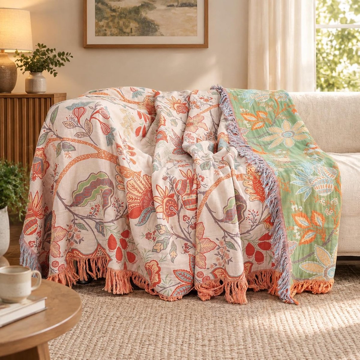 100% katoen, dubbelzijdige mousseline sprei met franjes, zachte en ademende bankdeken, voor woonkamer en slaapkamer, het hele jaar door (oranje, planten en bloemen, 150 x 200 cm)