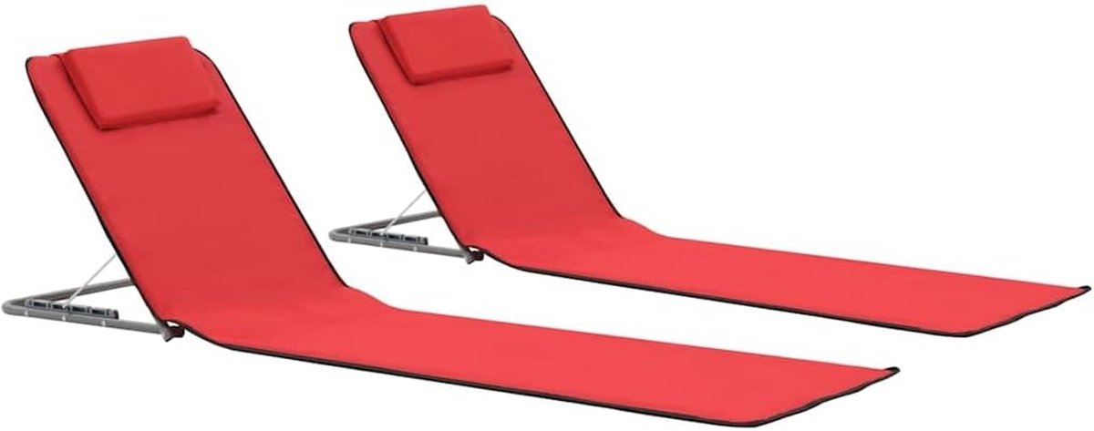 Strandmat 2 STK. staal en stof rood met rugleuning opbergvak en verstelbare relaxstoel voor camping terras strand bezoek