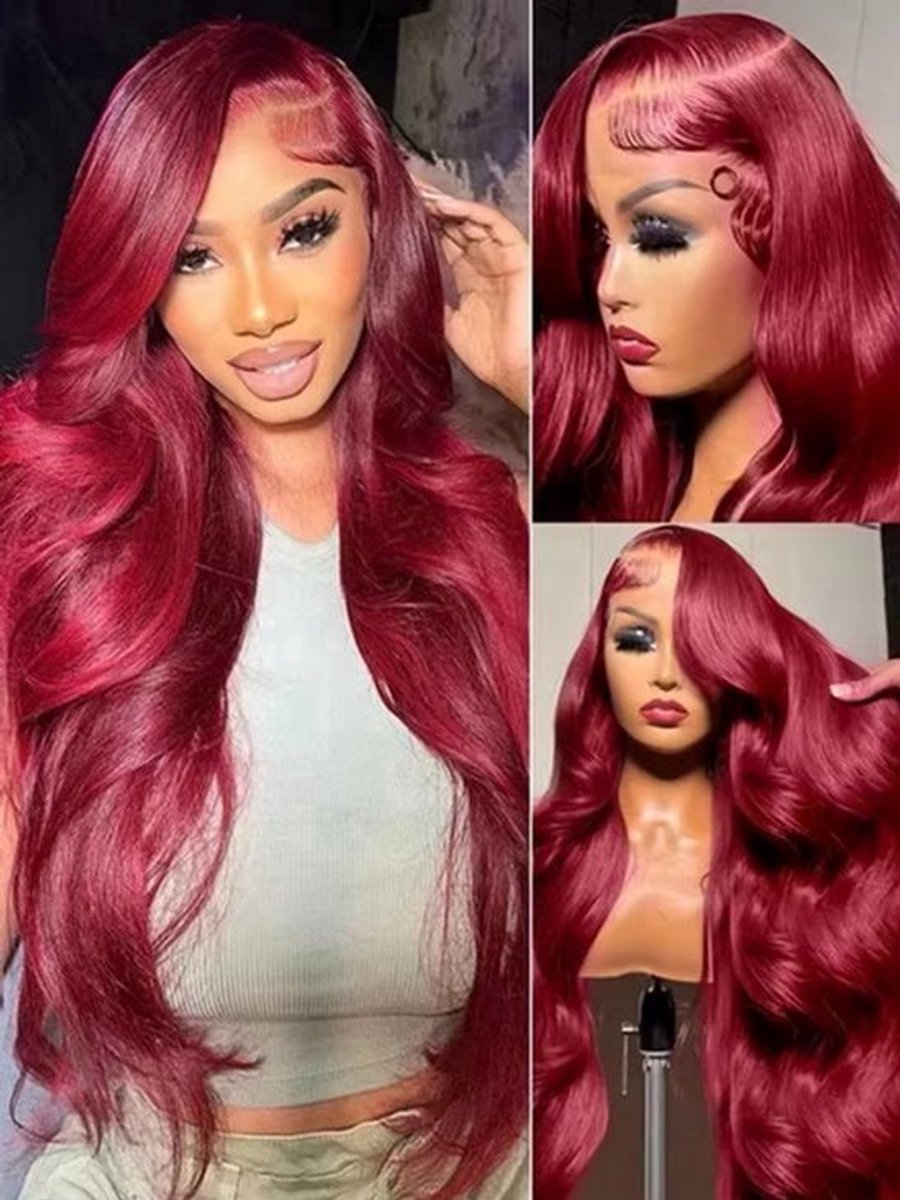 Lange Body Wave Pruik Bordeauxrood - 46 Inch Lengte - 220% Dichtheid - 13x4 Kant Frontaal - Remy Echt Haar - Voor Volwassenen