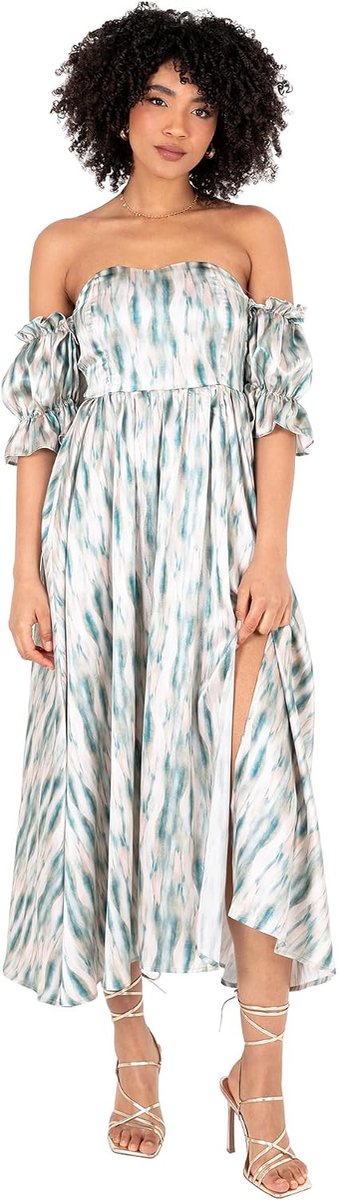 Dames Dames Dames Midaxi Jurk Bardot Off-The-Shoulder Neckline Short Ruffle Sleeve A-lijn Split Leg Abstract Print, Blauw 52, blauw, 52 NL