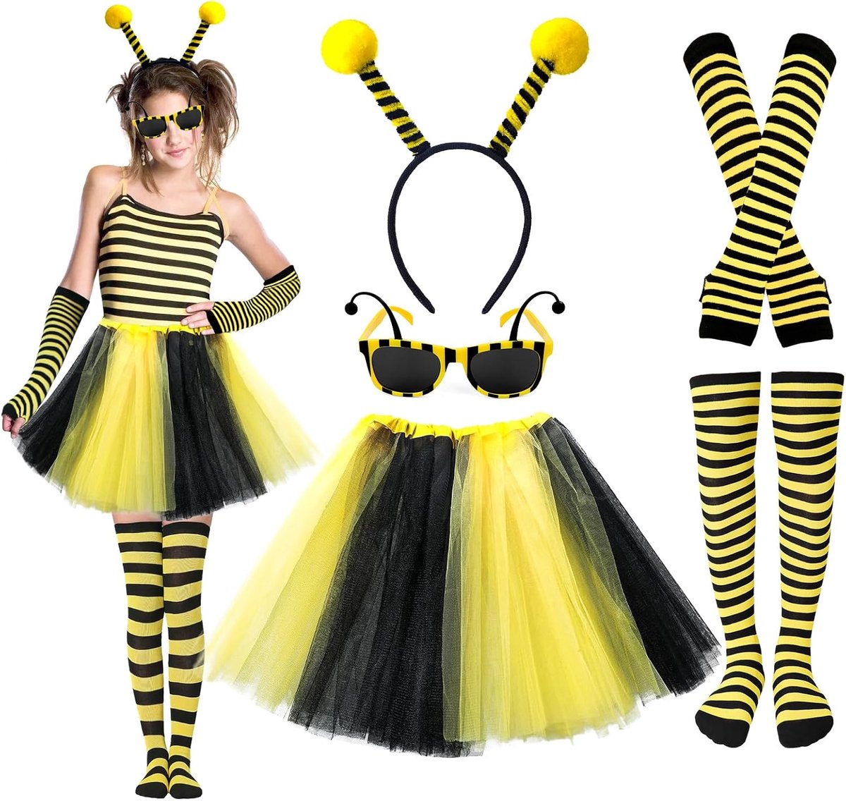 5 stuks volwassenen vrouwen bijen haarband tule rok strepen lange handschoenen voor carnaval en Halloween party
