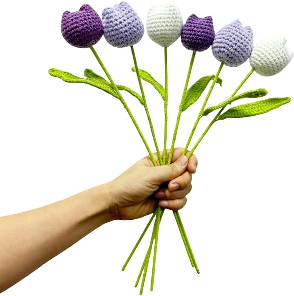 6 stuks gehaakte bloem tulp boeket, 38 cm afgewerkte handgeweven boeketten, nepbloemen handgemaakte gehaakte bloemen katoen tulp bulk voor huisdecoratie, tafel middenstukken, vrouwen, vrienden,