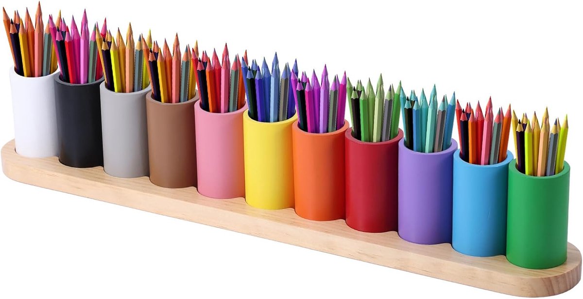 Dailygoods- Kleurpotloodhouder Houten - Montessori Organizer - 11 Compartimenten - Penhouder - Krijtopslag - Bureau Accessoires - Kleurrijk - Pennenho
