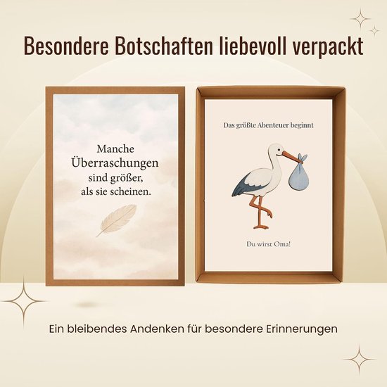 Stülpbox voor zwangerschapsverkondiging, cadeau voor aanstaande grootouders, familie en vrienden, met ooievaarfiguur en boodschapskaart, 6 varianten (oma) — afbeelding 5