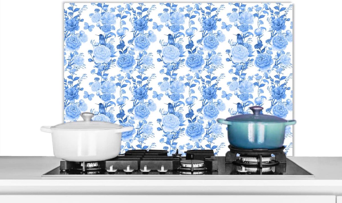 Spatscherm Keuken - 90x60 cm - Bloemen - Rozen - Blauw