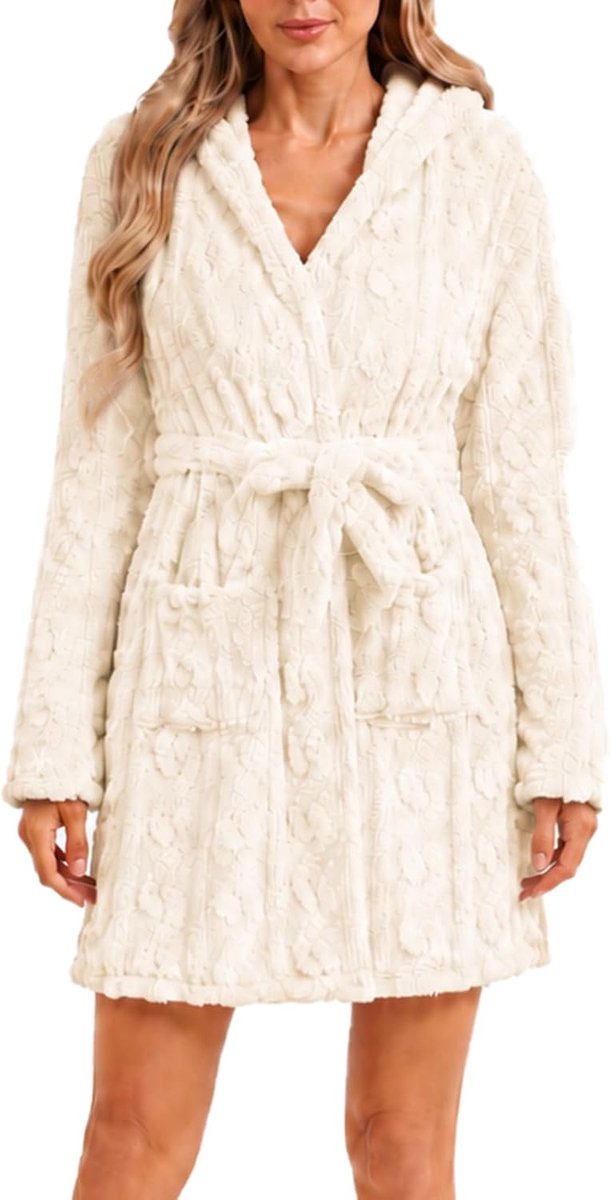 Badjas voor dames, fleece, met capuchon, herfst en winter