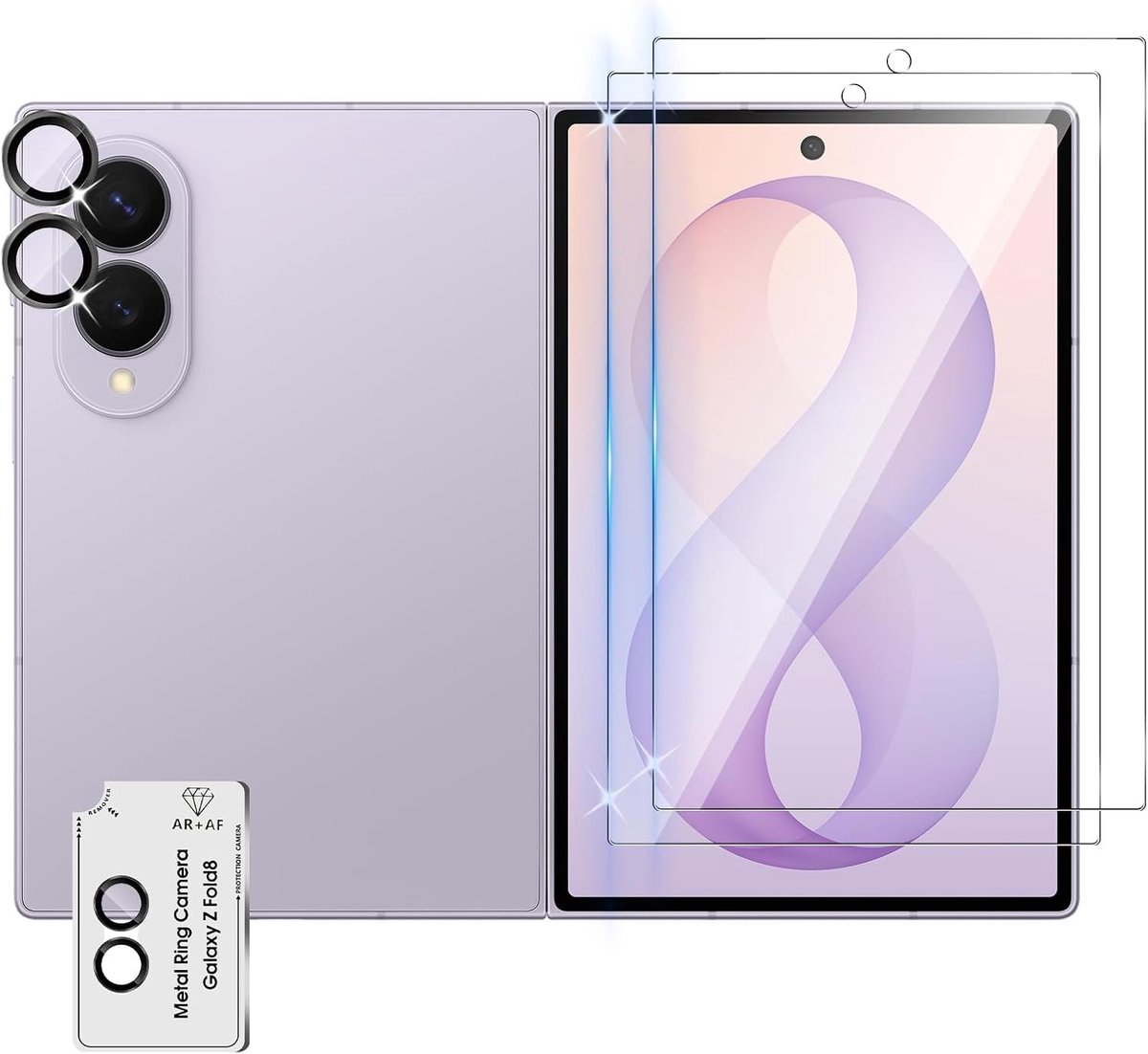 Beschermfolie voor Samsung Galaxy Z Fold 8 5G, pantserglas, 2 stuks beschermfolie van gehard glas en 1 camerabescherming, HD-helder, zonder luchtbellen, krasbestendig, beschermfolie met een