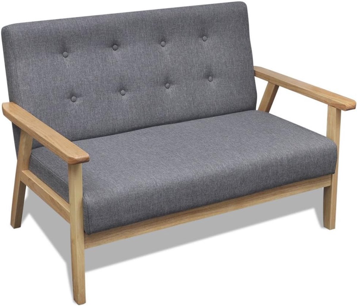 Retro houten fauteuil, houten sofa, woonkamerbank, retrostoel met armleuning, rugleuning, zitcomfort, grijs