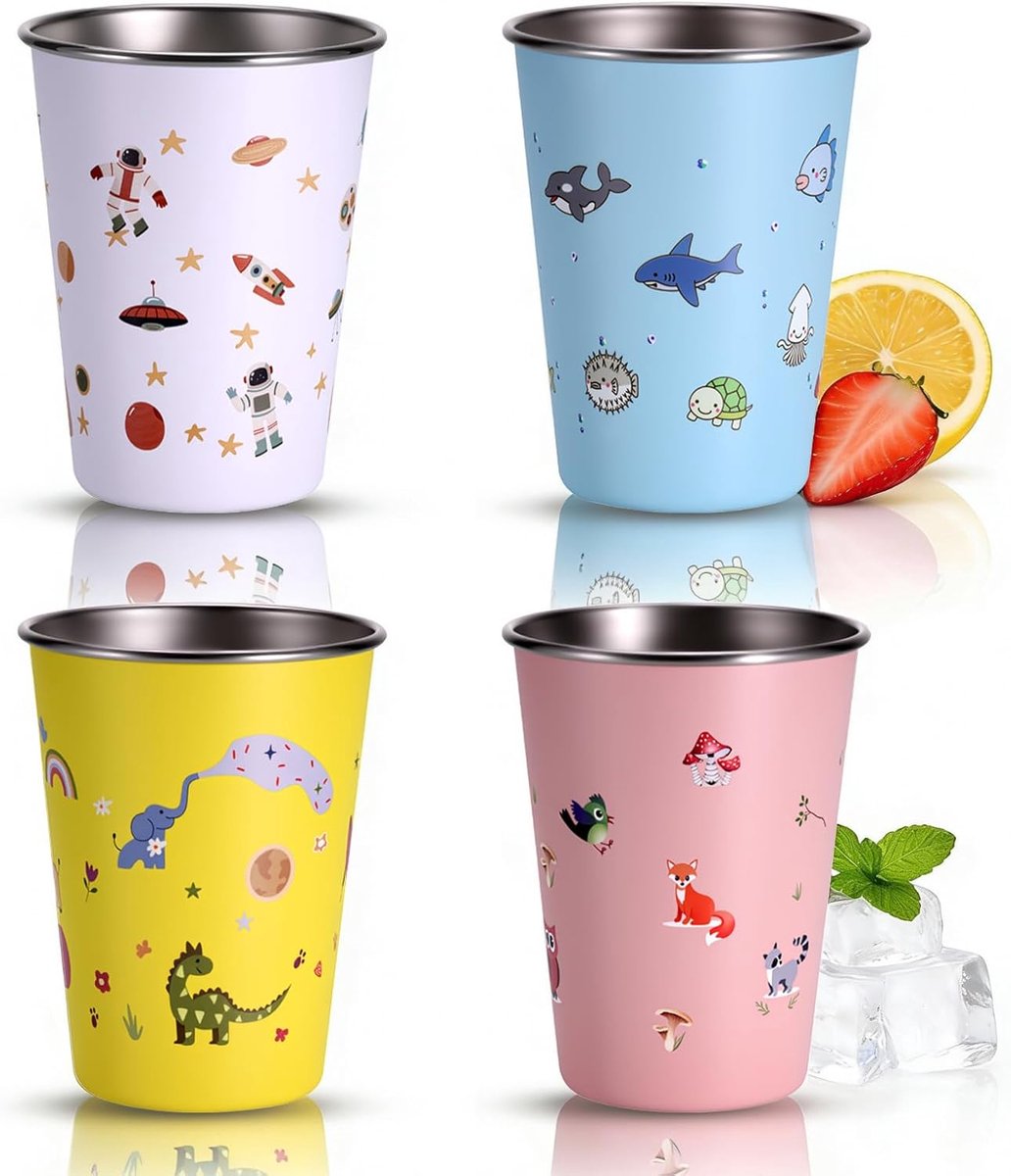 Dailygoods- Kinderbekers 4 stuks - 350 ml drinkbekers - Roestvrij staal - BPA-vrij - Interessant patroondesign - Comfortabele greep - Drinkbeker