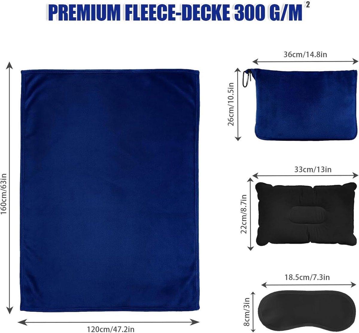 3-in-1 reisdeken en reiskussen met ritssluiting, reisdeken, zacht en warm, compact reiskussen met nekkussen voor onderweg, voor vliegtuig en auto, lange autoritten, camping (blauw)