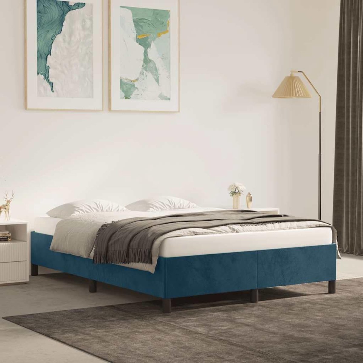 Zonder matras 140x190 cm fluweel donkerblauw stevig velours ledikant met lattenbodem voor slaapkamer luxe nachtrust onderstel