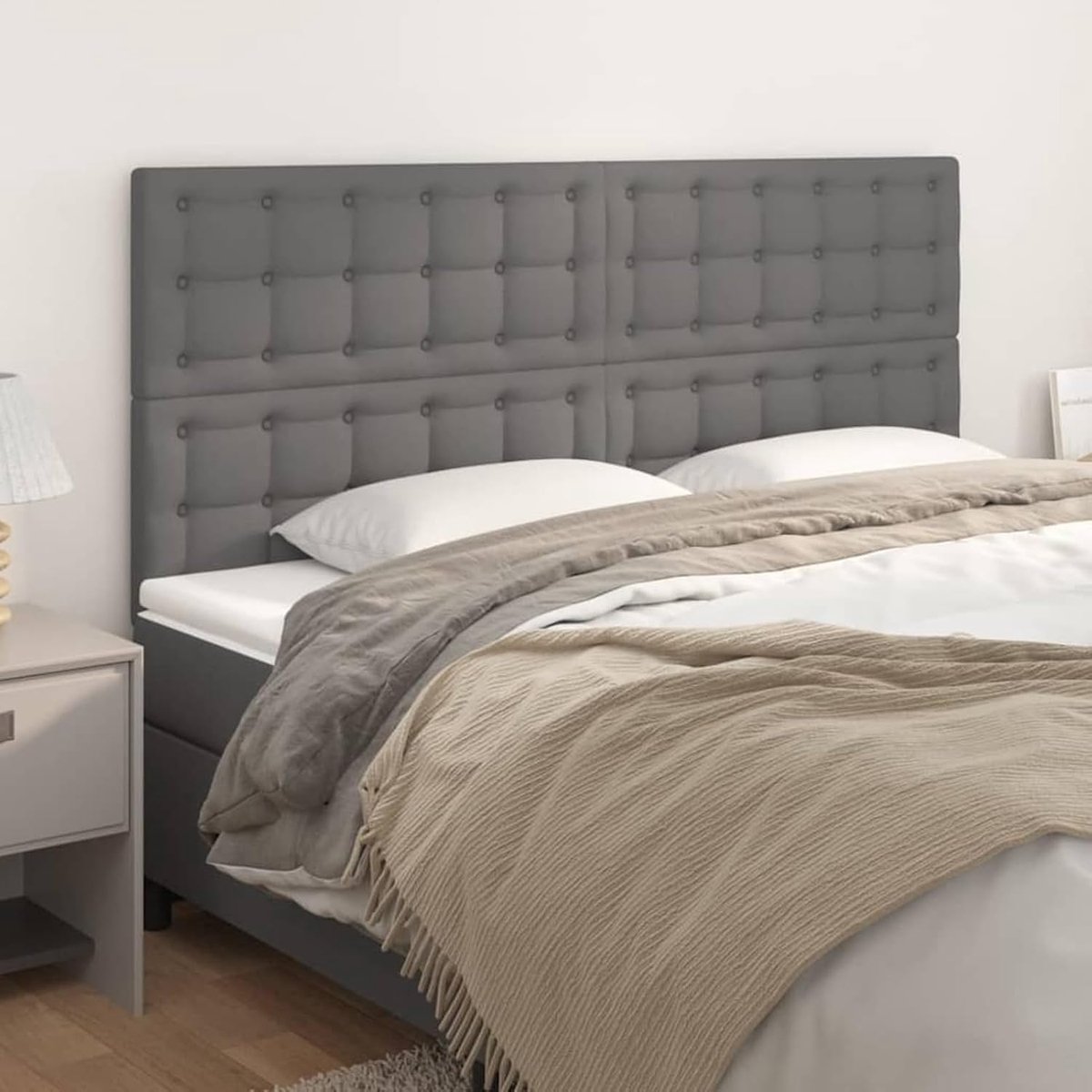 Hoofdbord, 4 stuks, grijs, 80 x 5 x 78/88 cm, kunstleer, hoofdeinde voor boxspringbed, slaapkamer, hoteldesign3116432