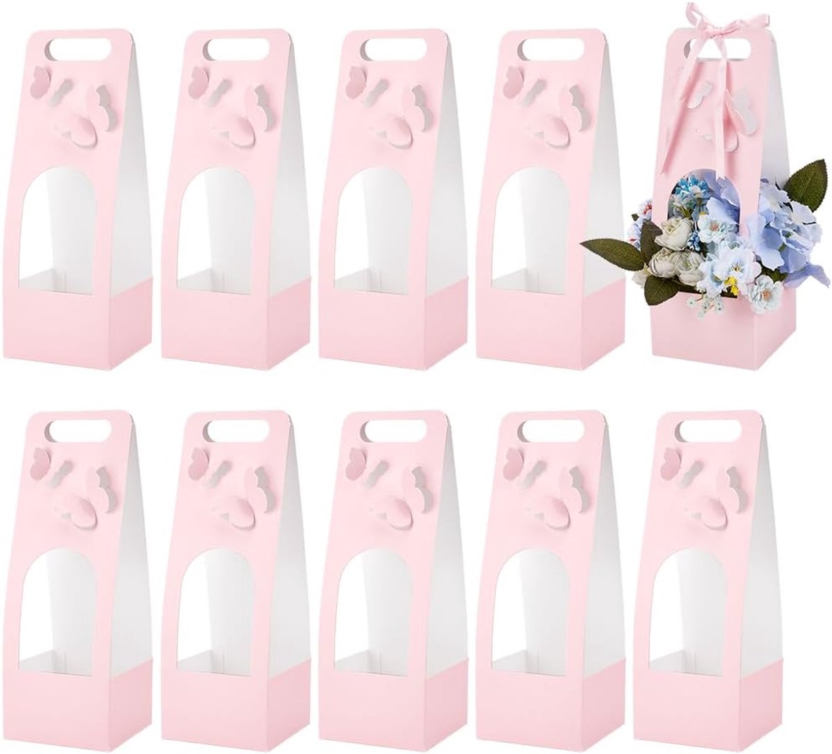 Dailygoods- Cadeauzakjes 10 Stuks - Papieren Zakjes met Venster - Bloemen Design - Bruiloft/Verjaardag - 12 x 12 x 34,5 cm - Zachtroze Kleur - Boeketd