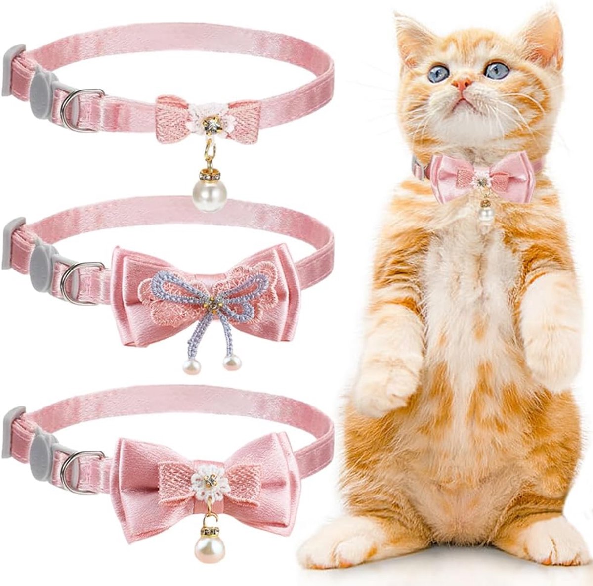 Dailygoods- Kattenhalsband 3 stuks - Roze - Verstelbaar - Polyester - Veiligheidsstrikje - Schattig ontwerp - Halsband
