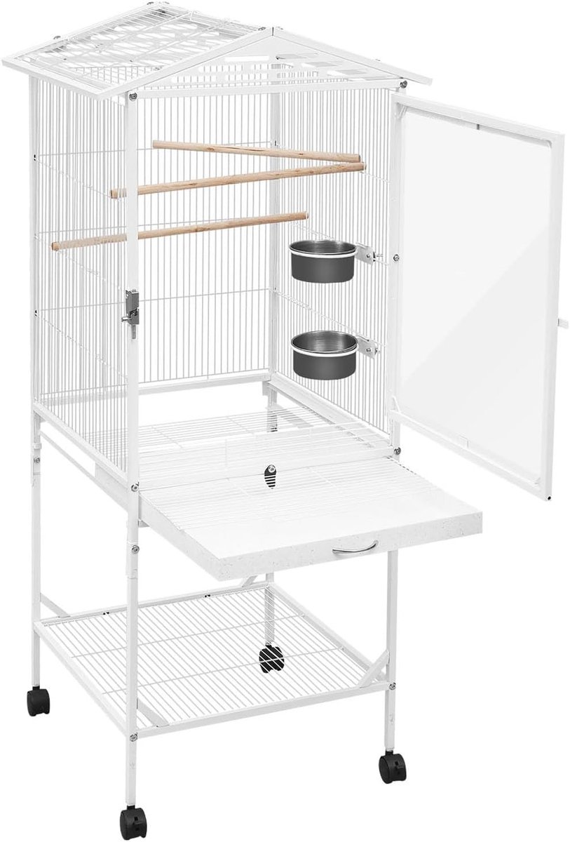 Vogelkooi, groot met 4 wielen, bodemlade, voederklep, vogelkooi met standaard voor woning en balkon, 46 x 46 x 136 cm, wit