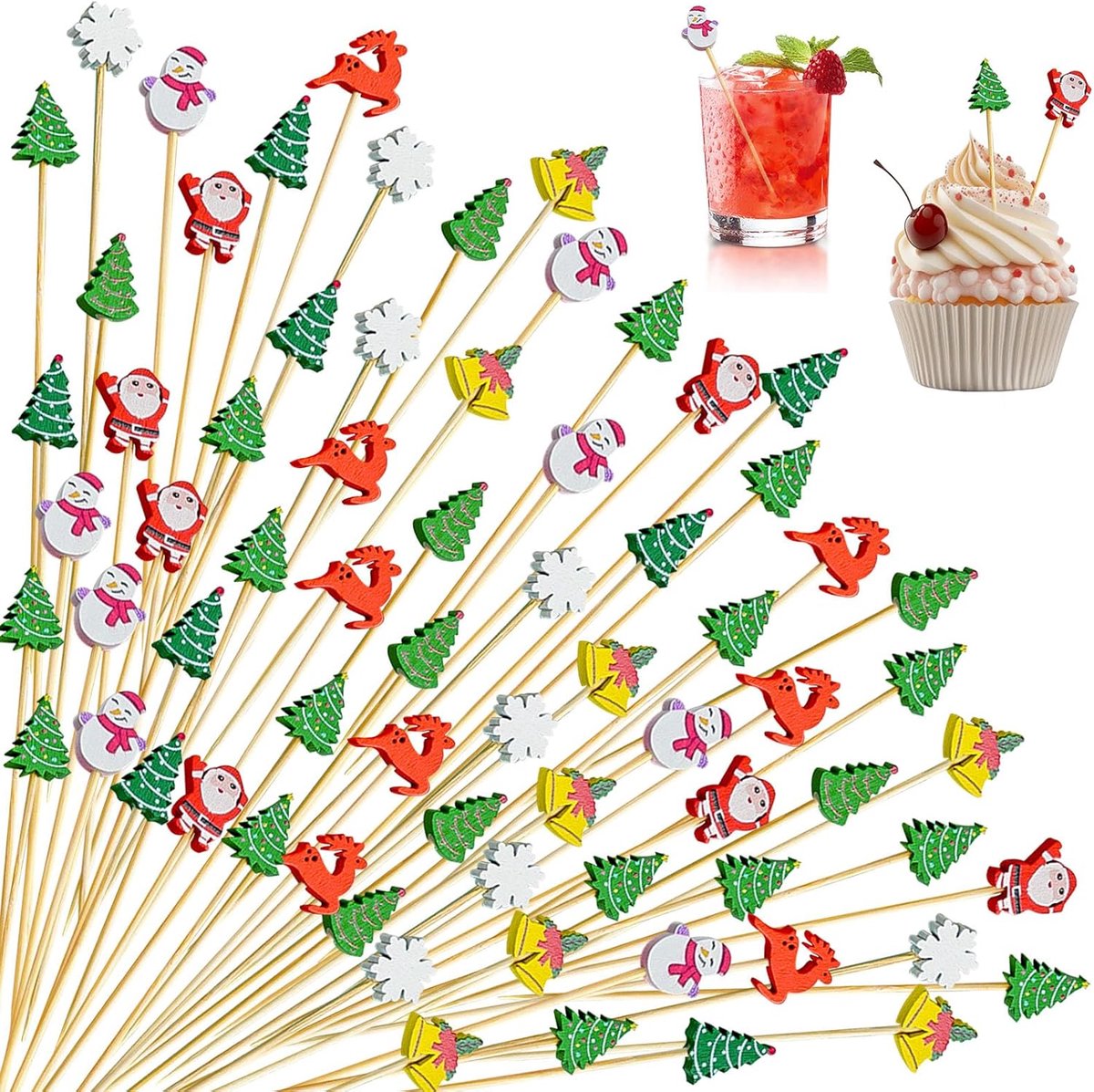 Kerst Cocktailprikkers 12 cm - Houten Spiesjes - 8 Verschillende Motieven - Perfect voor Feestjes - Luxento