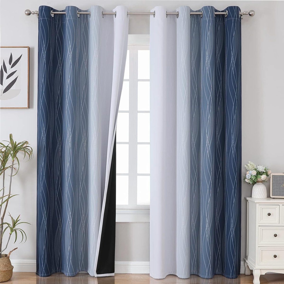 kleurverloop verduisterend, gordijnen met ringen voor woonkamer 229 cm hoog, ombre dichte thermogordijnen koude- en hittebescherming, H 229 x B 132 cm, donkerblauw en wit, set van 2