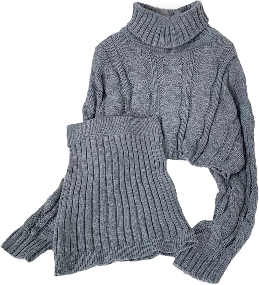 Herfst en Winter Vrouwen Tweedelig Pak Koreaanse Stijl Gebreide Coltrui Gebreide Trui Hip Rok Tweedelig Pak, Grijs, M