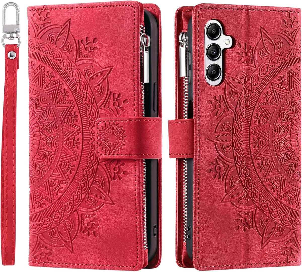 Hoes voor mobiele telefoon, voor Samsung Galaxy A14 / A14 5G, klaphoes met bloemen, klaphoes met kaartenvak, mobiele telefoon, boekcover, flipcase, standaard, rood