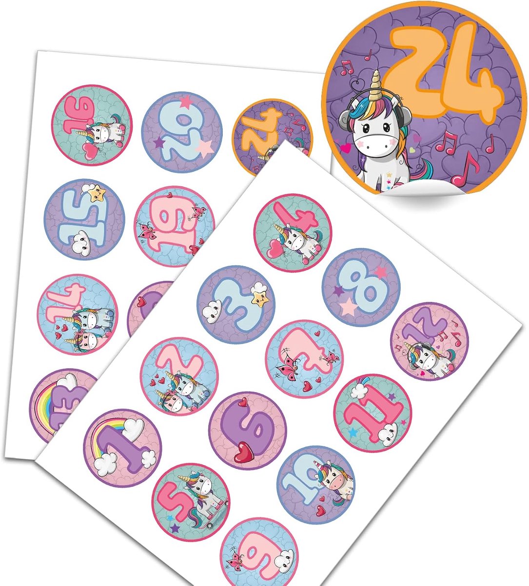 Adventskalender, cijfers om op te plakken, cijfers 1-24, zelfklevende stickers voor Kerstmis, kerstkalender, zelf knutselen, Y048 (06 eenhoorns, rond)