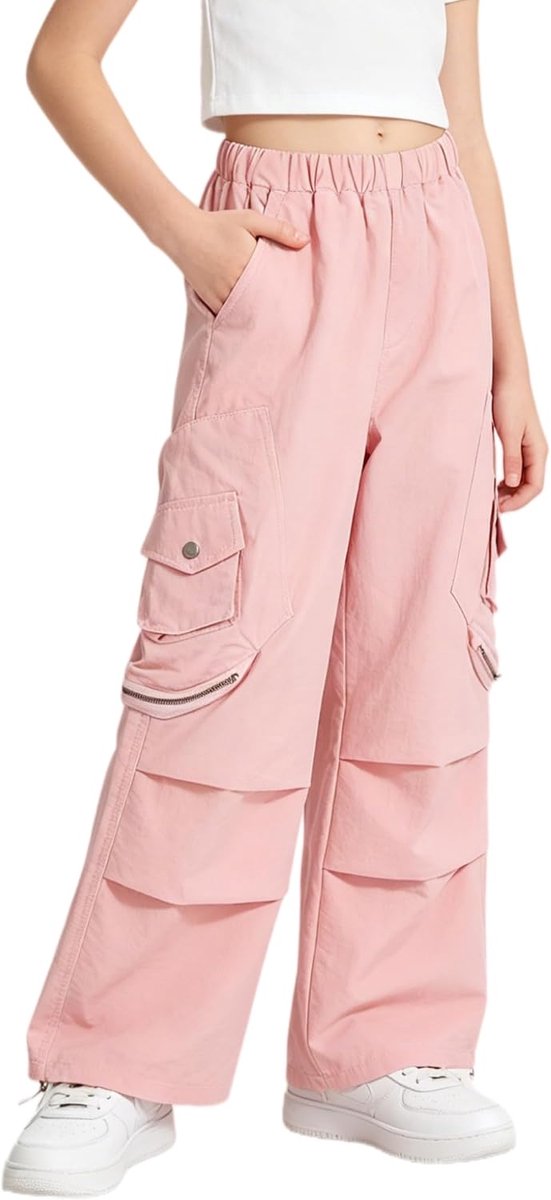 Parachute Baggy Cargo Broek voor Meisjes, Y2K Vintage Joggingbroek met Verstelbare Elastische Taille voor Kinderen