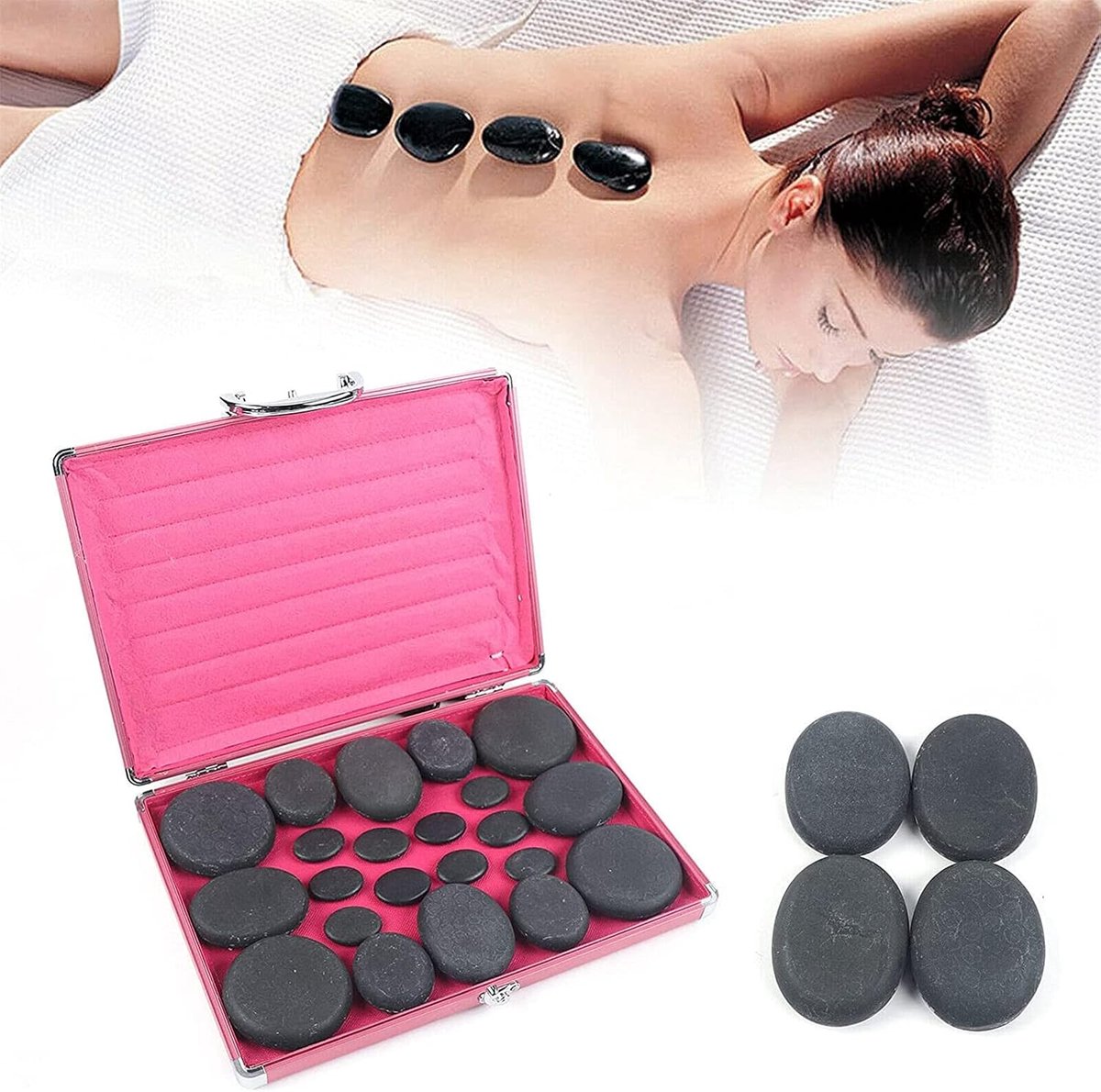 Massagestenen Hot Stone massageset, warmer, basaltsteen, verwarmingskoffer, hot stone, warmteapparaat voor spa, wellness en ontspanning