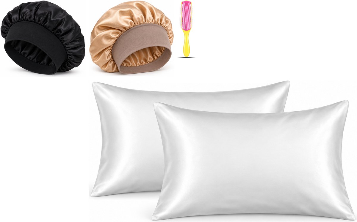 Professor Q Haar- en Slaapset - 2 Kussenslopen Wit 60 x 70 cm - Bonnet Zwart - Bonnet Goud - Fusion Pink Borstel